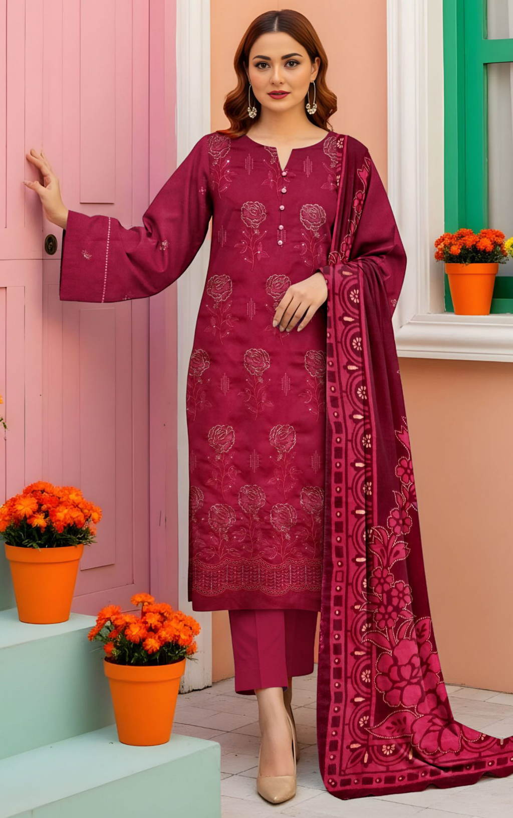 VELVET ROYAL by Naubahar - Embroidered Dhanak Suit with Palachi Shawl Unstitched 3 Piece - DNK - 02