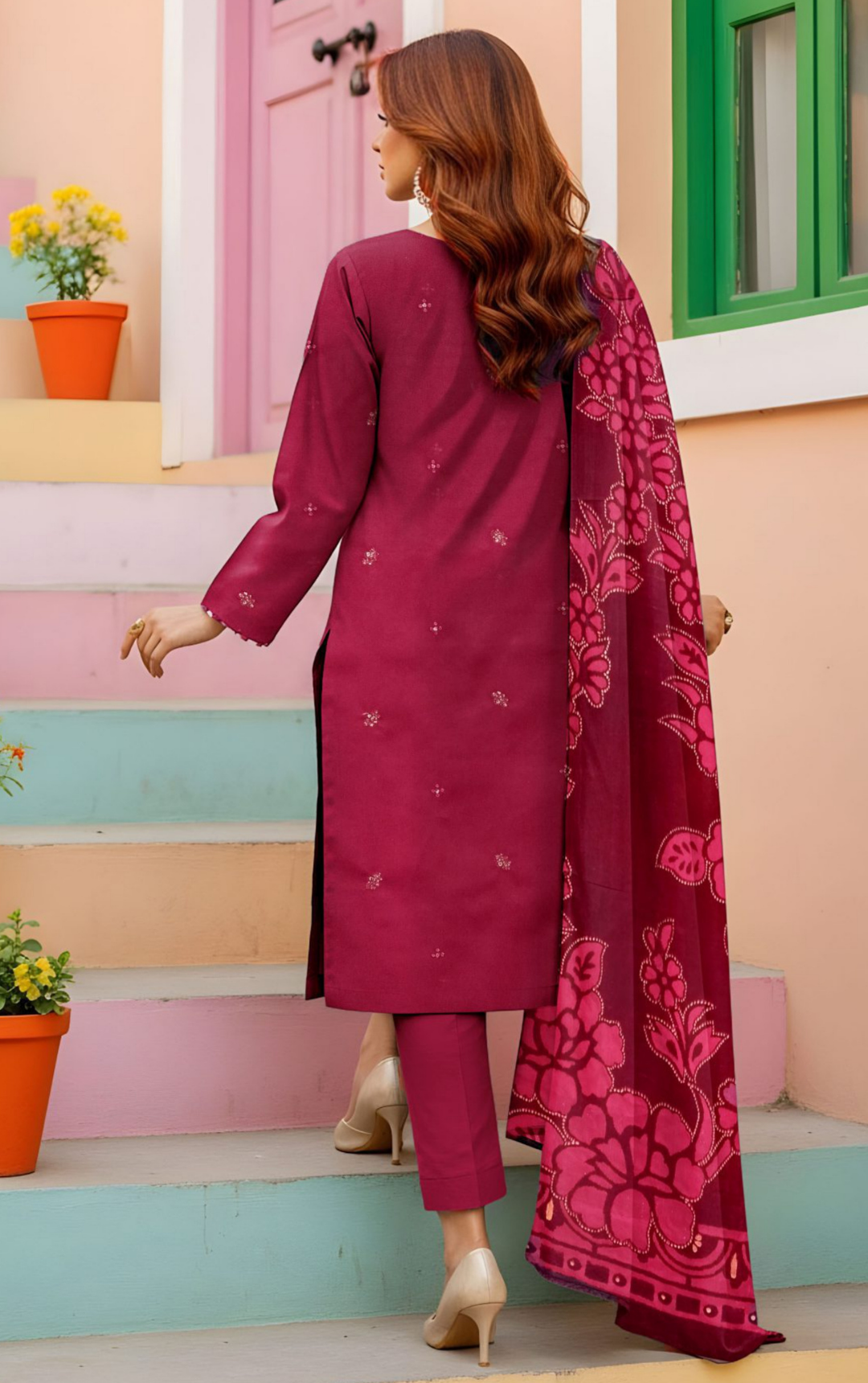 VELVET ROYAL by Naubahar - Embroidered Dhanak Suit with Palachi Shawl Unstitched 3 Piece - DNK - 02