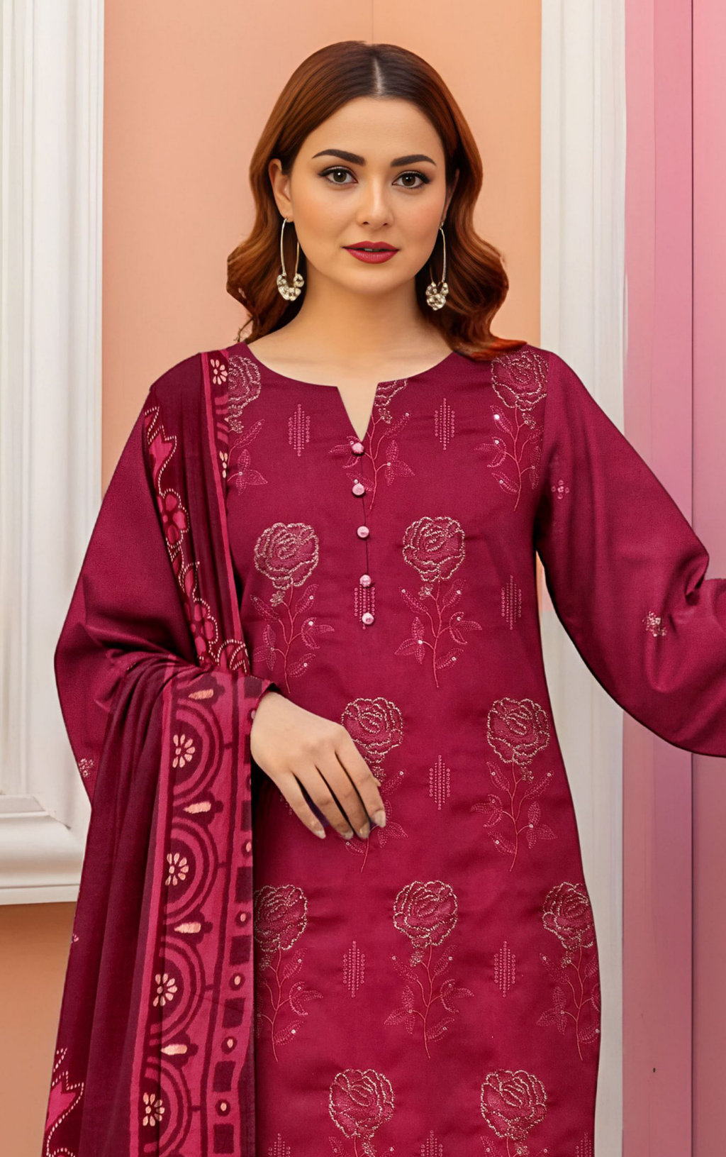 VELVET ROYAL by Naubahar - Embroidered Dhanak Suit with Palachi Shawl Unstitched 3 Piece - DNK - 02