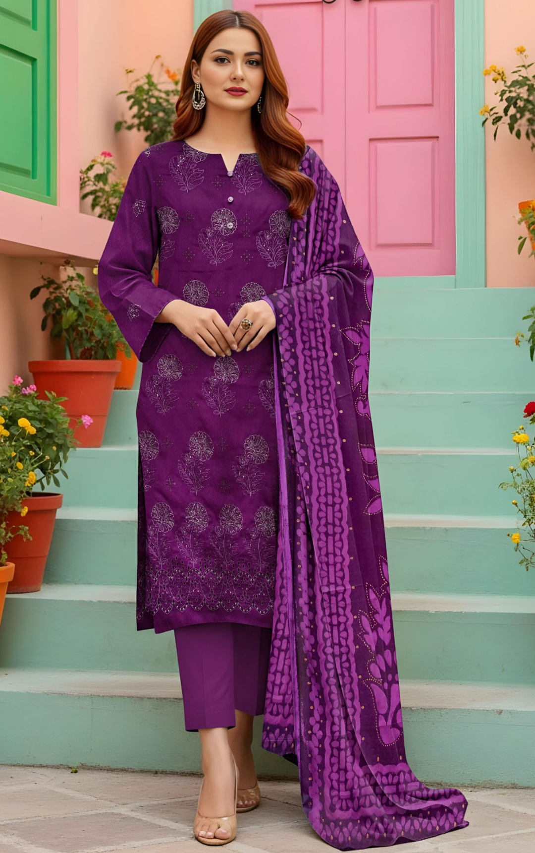VELVET ROYAL by Naubahar - Embroidered Dhanak Suit with Palachi Shawl Unstitched 3 Piece - DNK - 04
