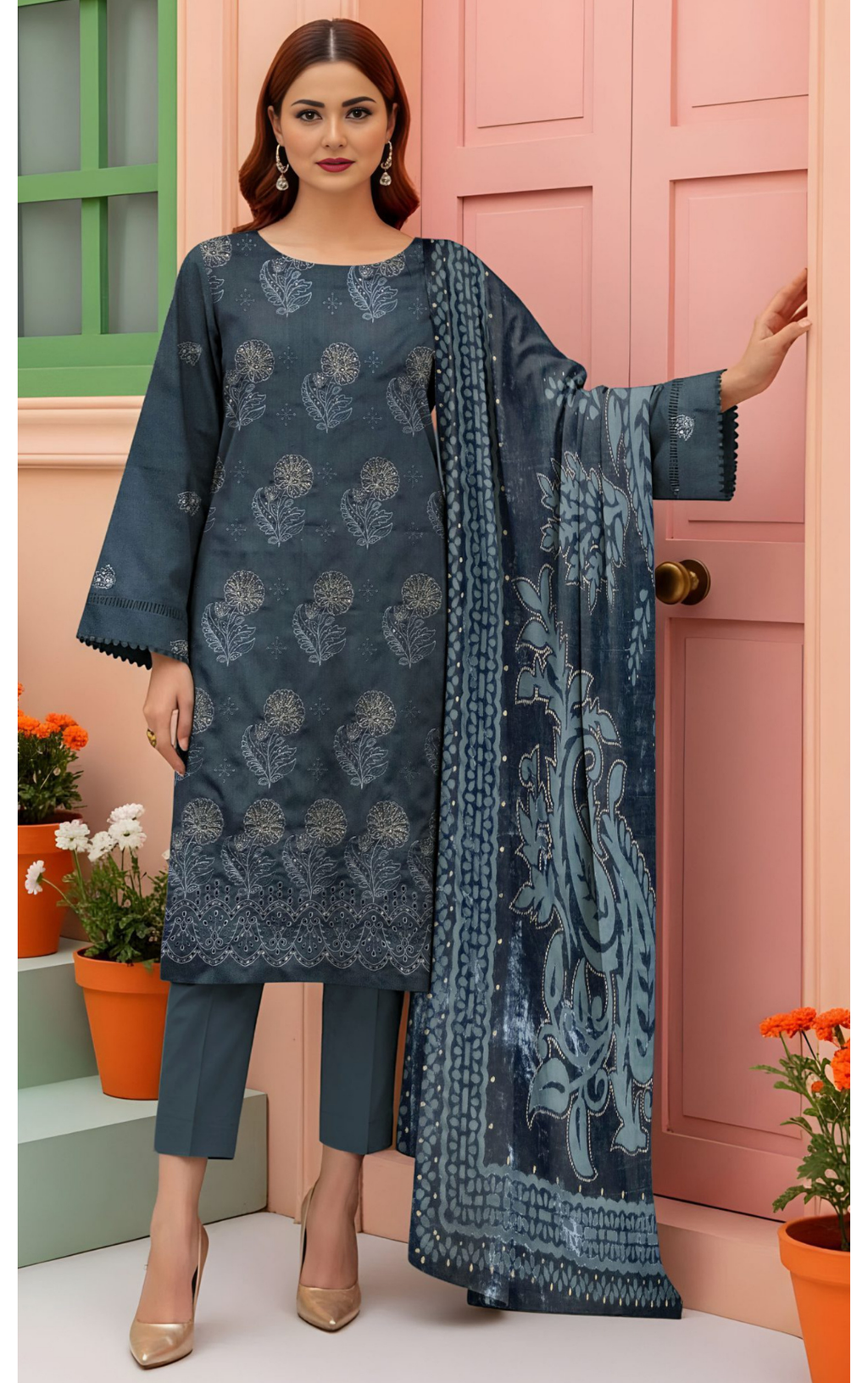 VELVET ROYAL by Naubahar - Embroidered Dhanak Suit with Palachi Shawl Unstitched 3 Piece - DNK - 05
