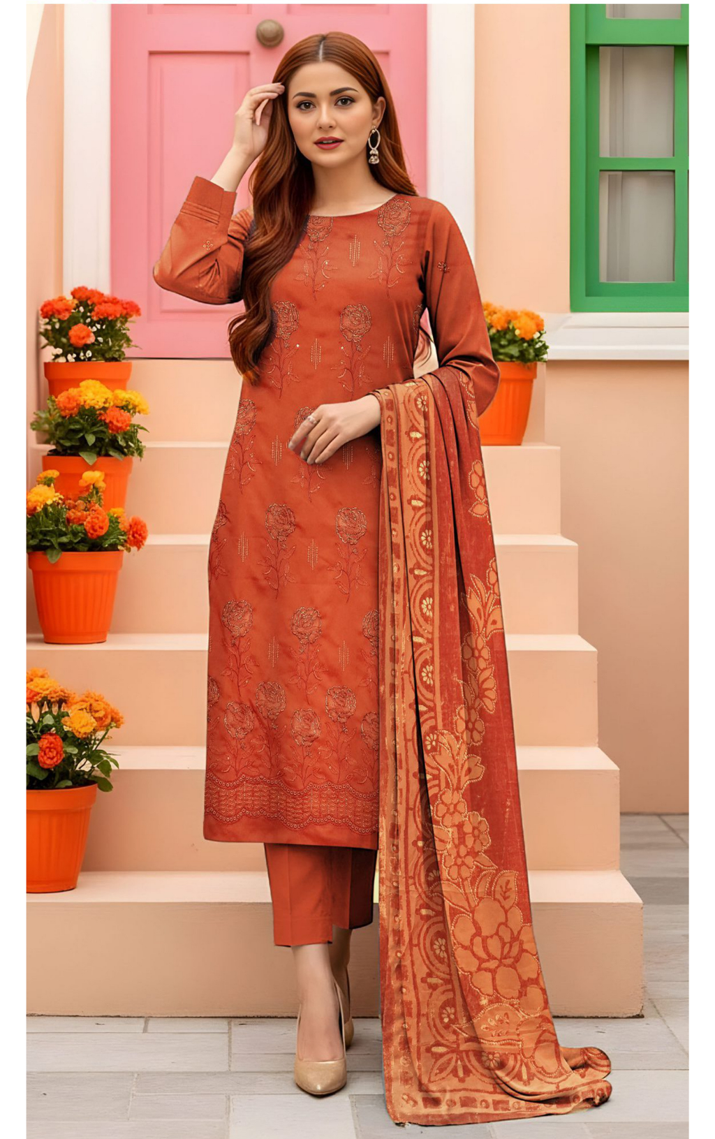 VELVET ROYAL by Naubahar - Embroidered Dhanak Suit with Palachi Shawl Unstitched 3 Piece - DNK - 06