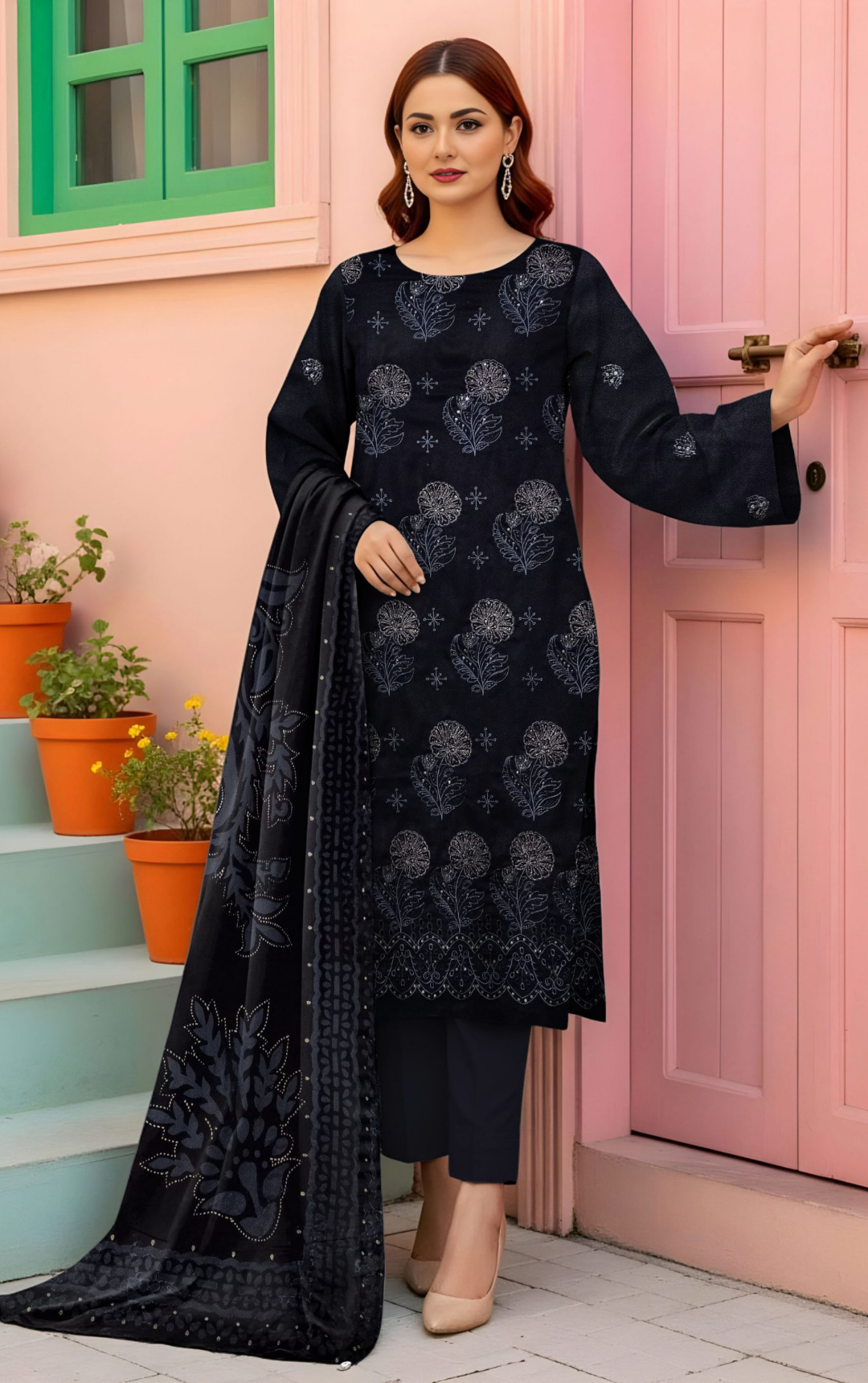VELVET ROYAL by Naubahar - Embroidered Dhanak Suit with Palachi Shawl Unstitched 3 Piece - DNK - 08